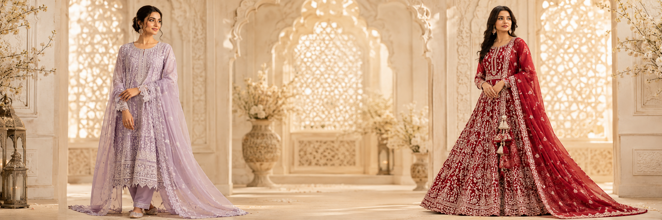 Two women wearing hand-embroidered Chikankari ensembles