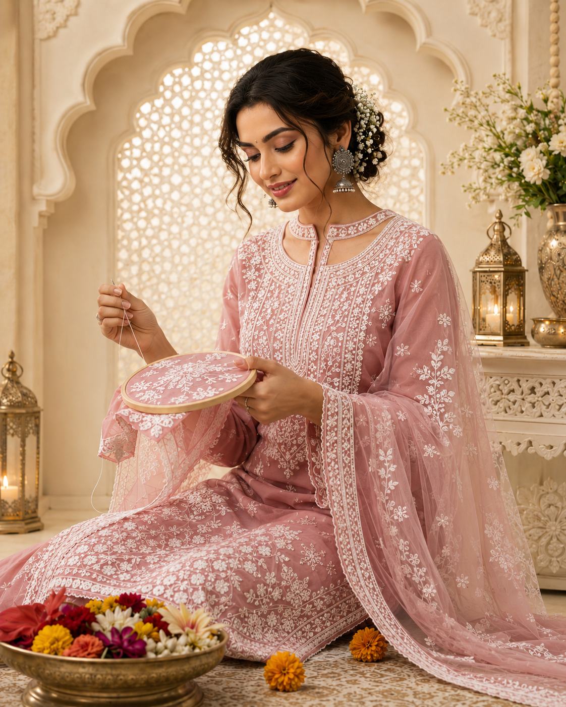 An artisan creating delicate Chikankari embroidery by hand