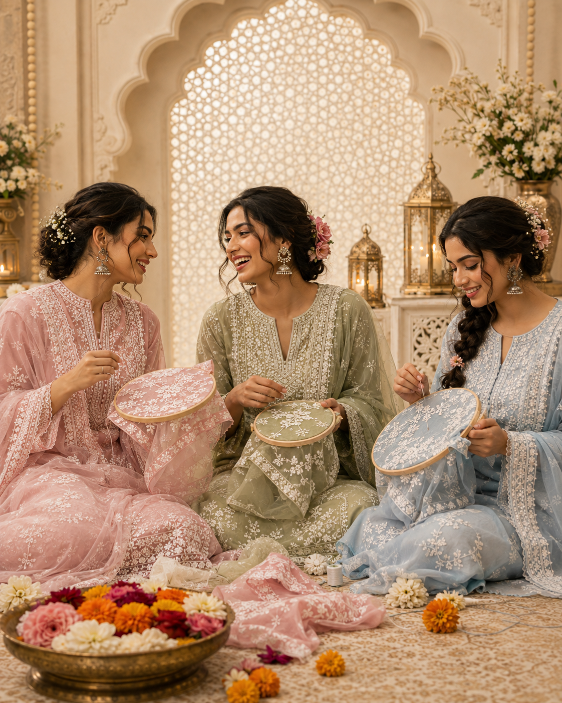Three artisans sharing the joy of Chikankari embroidery